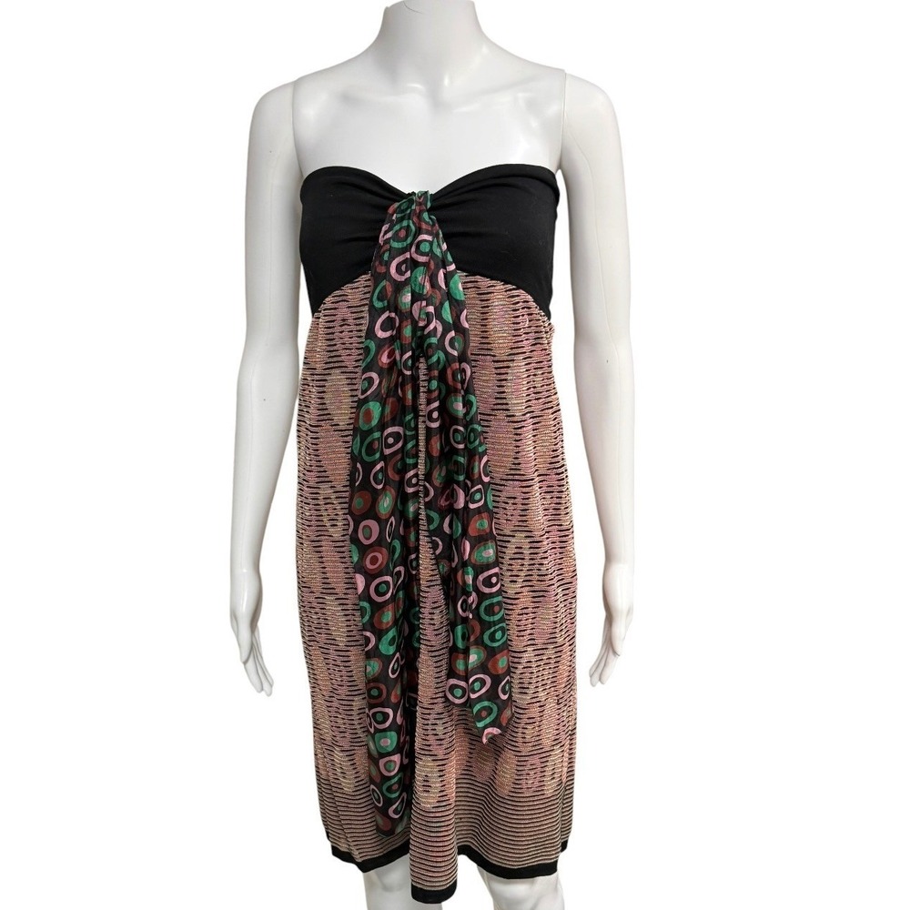 M Missoni Strapless Metallic Knit Dress Black Pink Green Scarf Detail Size 10 - Picture 1 of 10
